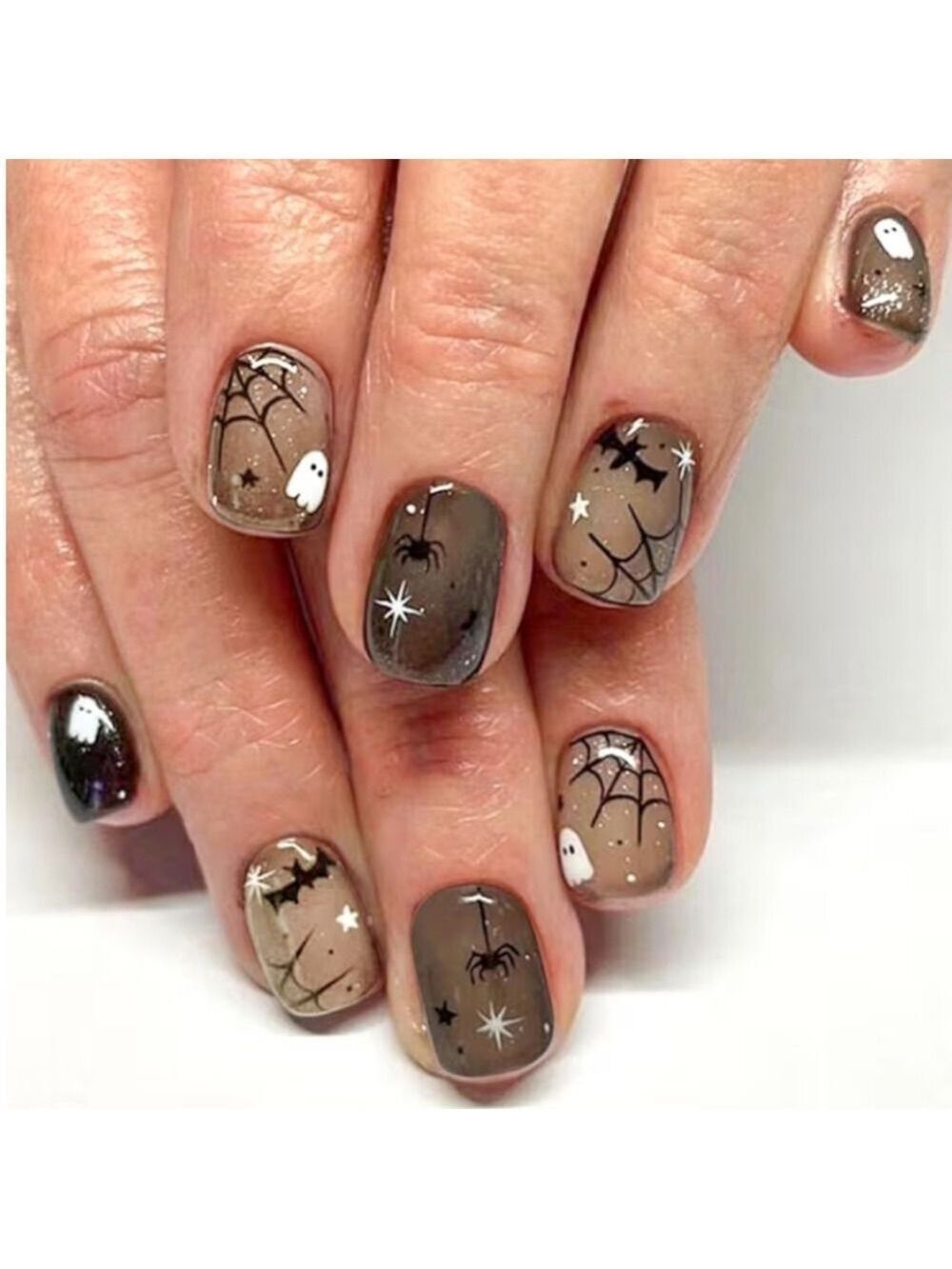 2/$10 Spooky Halloween Brown Ombre False Nail Set with Ghosts & Spiders